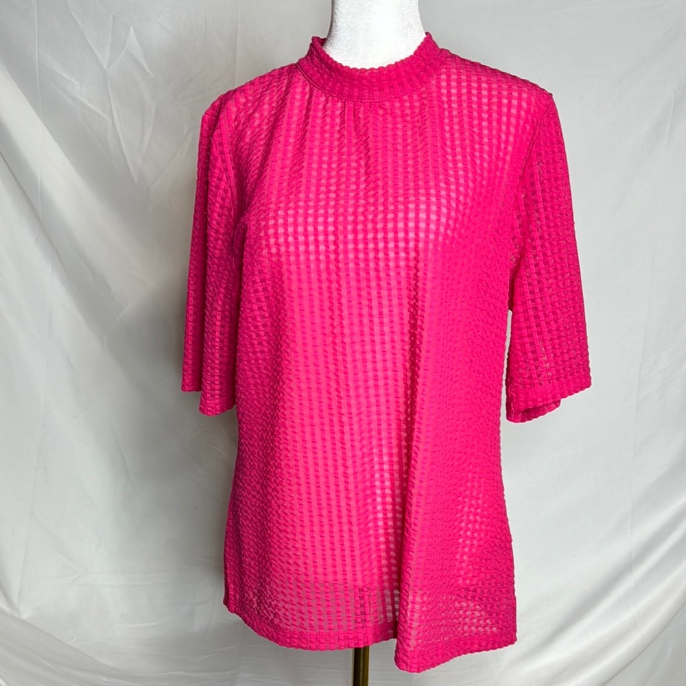 Anthropologie Pink Boxy Mandarin Collar Short Sleeve Sheer Puckered Blouse XL